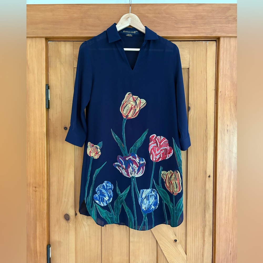 Pankaj & Nidhi for Anthropologie, Unique Floral Embroidered Navy Tunic Dress